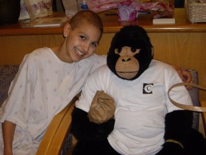 Antonio, my stuffed gorilla, came with me every day to radiation dressed differently.  Here he is sporting his Cottage Hospital shirt.